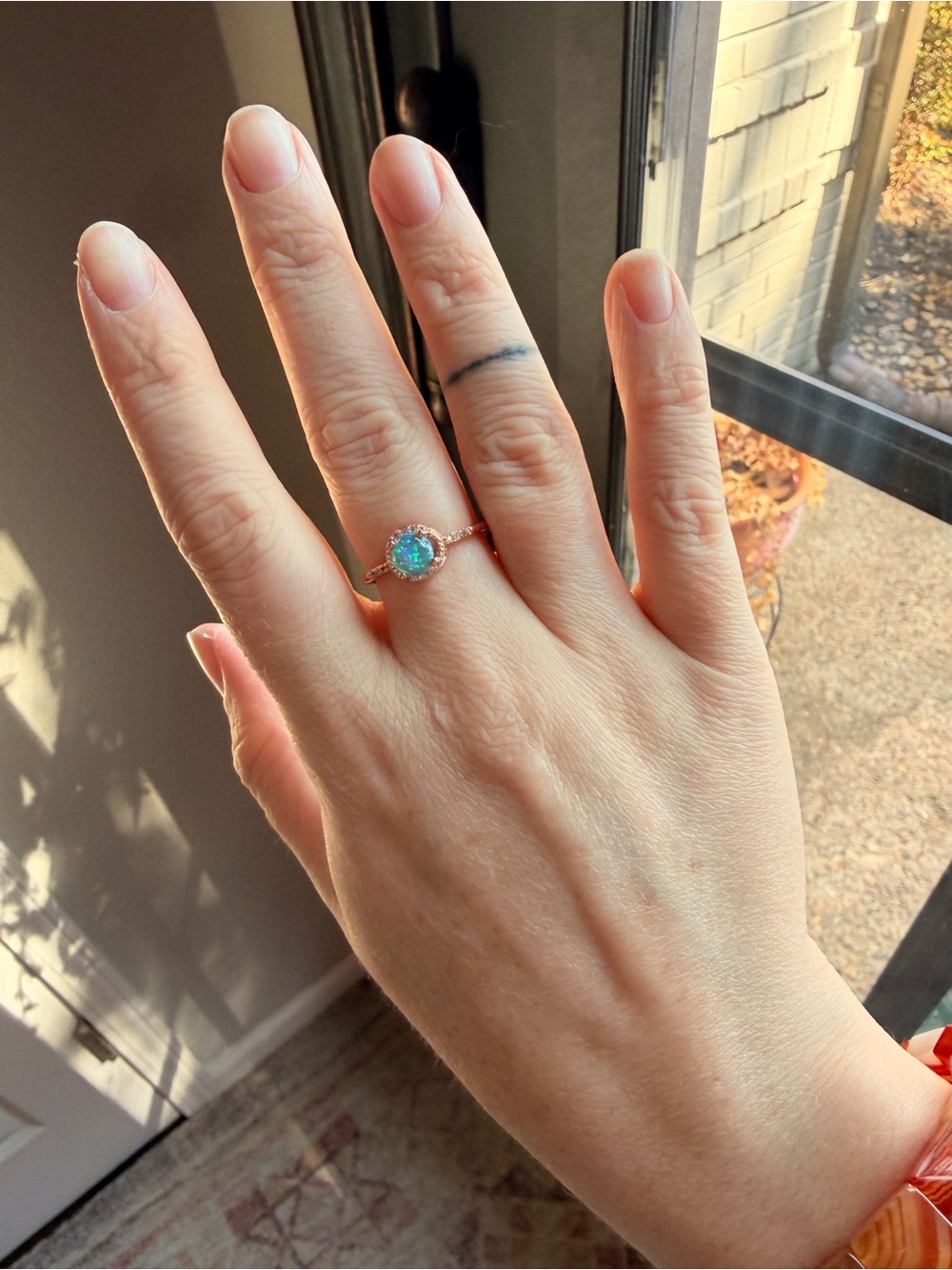Rose Gold Plated Opal Halo Ring - Blue-Green Opal sz 8